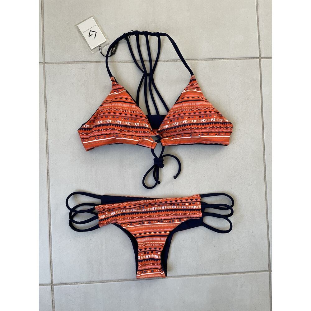 Strappy Orange Tribal Print Bikini Set